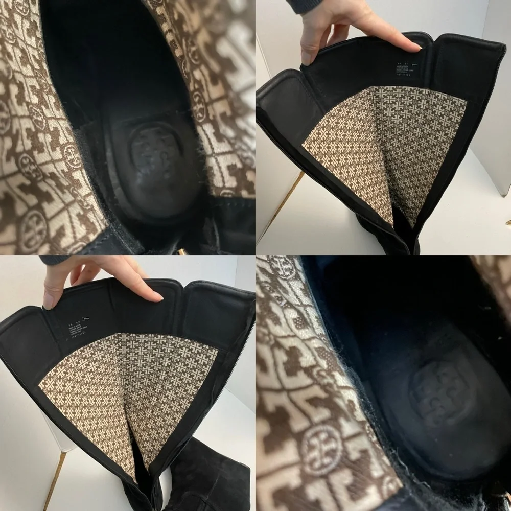 Tory Burch Boots Irene Wedge Tall Softy Suede Leather Logo Black